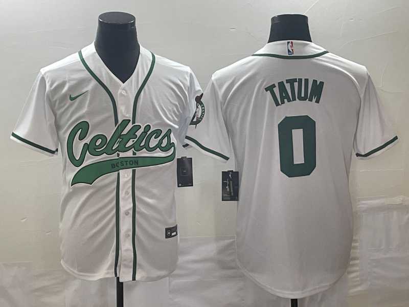 Men%27s Boston Celtics #0 Jayson Tatum White With Patch Stitched Baseball Jersey